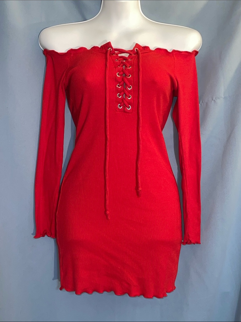 Heart & Hips Red Off-Shoulder Lace-Up Ribbed Long Sleeve Dress